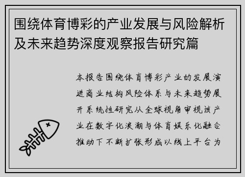 围绕体育博彩的产业发展与风险解析及未来趋势深度观察报告研究篇
